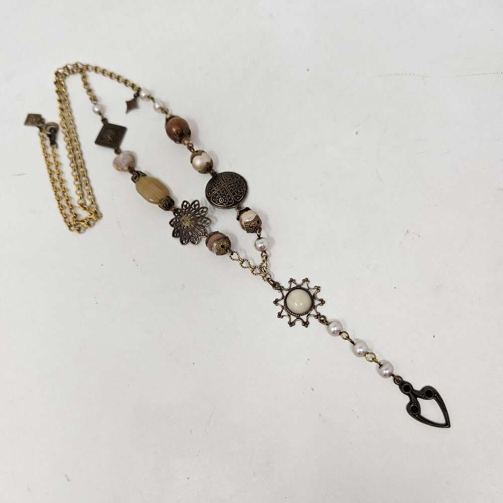 Desert Heart Drop Necklace Filigree Faux Pearl